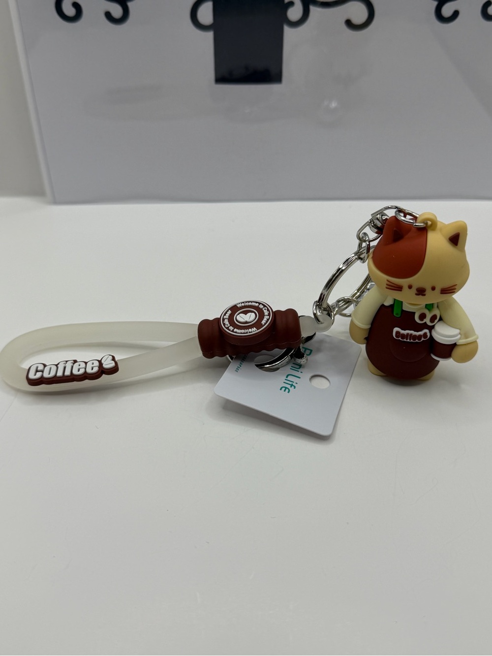 Cute Cat Barista Keychain - Brown & Cream Coffee Accessory